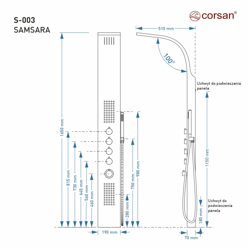 Corsan Samsara S003 czarny z termostatem i oświetleniem LED