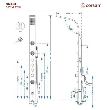 Corsan Snake S002 Termostat Stal Deszczownica LED Wylewka