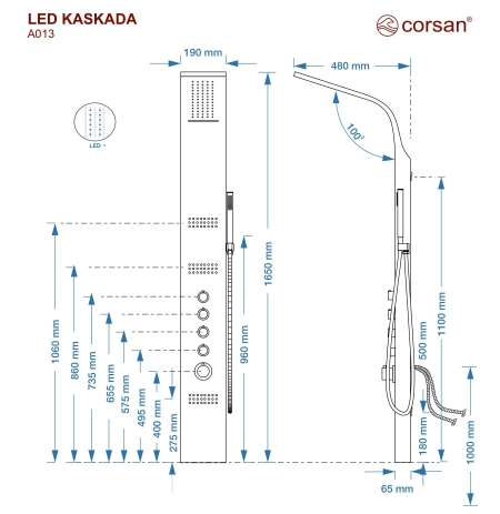 Corsan Led Kaskada A013 Mieszacz Biel Deszczownica LED Wylewka