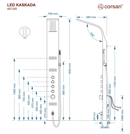 Corsan Led Kaskada A013 Mieszacz Gwiezdna szarość Deszczownica LED Wylewka