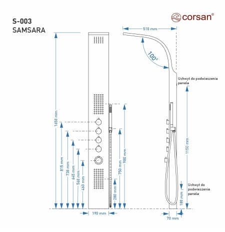 Panel prysznicowy Corsan Samsara S003 Termostat Stal szczotkowana Wylewka Deszczownica LED