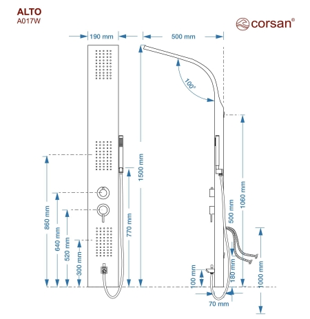 Panel prysznicowy Corsan ALTO Termostat Biały Wylewka