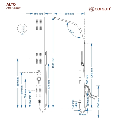 Panel prysznicowy Corsan ALTO Termostat Srebrny Deszczownica LED Wylewka