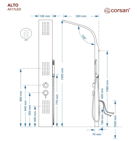 Panel prysznicowy Corsan ALTO Termostat Srebrny Deszczownica LED