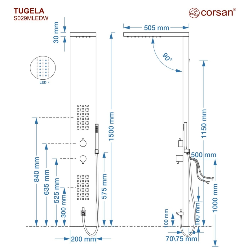 Panel prysznicowy Corsan TUGELA Mieszacz Czarna stal Deszczownica LED Wylewka