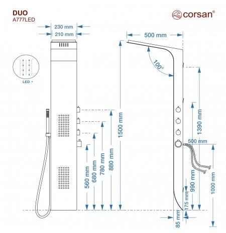 Panel prysznicowy Corsan DUO Mieszacz Biało-Czarny Deszczownica LED