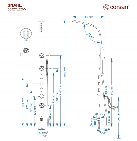 Panel prysznicowy Corsan SNAKE Mieszacz Stal GunMetal Deszczownica LED Wylewka