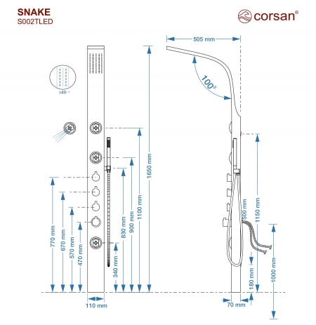 Panel prysznicowy Corsan SNAKE Mieszacz Stal GunMetal Deszczownica LED