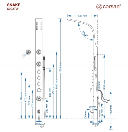 Panel prysznicowy Corsan SNAKE Termostat Stal GunMetal Wylewka