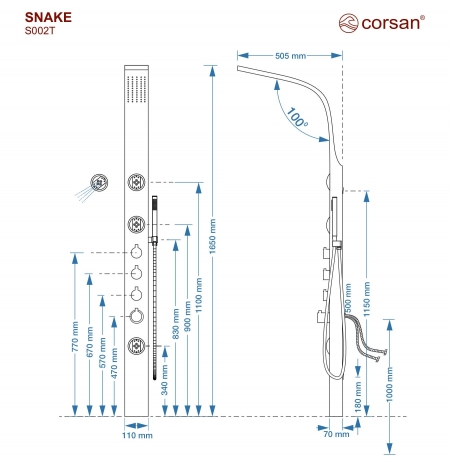 Panel prysznicowy Corsan SNAKE Mieszacz Stal GunMetal