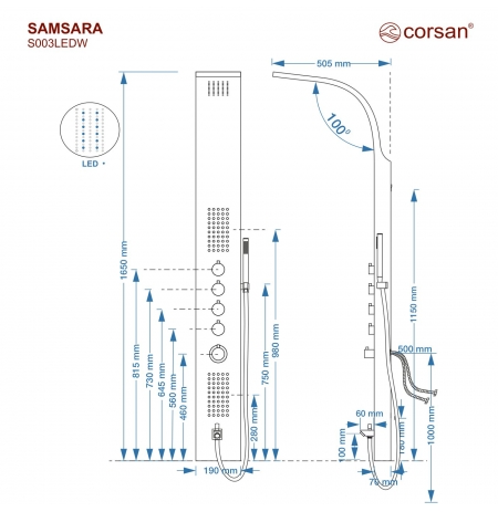 Panel prysznicowy Corsan SAMSARA Termostat Stal GunMetal Wylewka Deszczownica LED