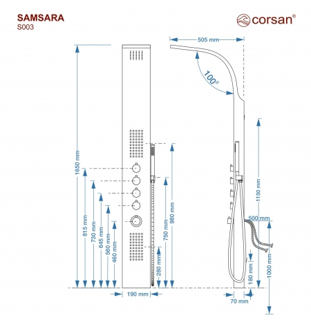 Panel prysznicowy Corsan SAMSARA Termostat Stal GunMetal