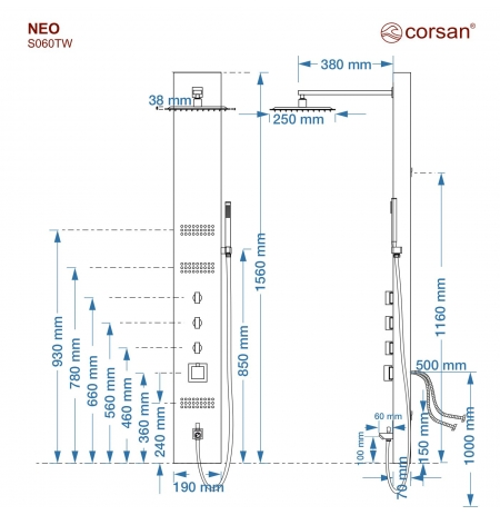 Panel prysznicowy Corsan NEO Termostat Stal GunMetal Wylewka