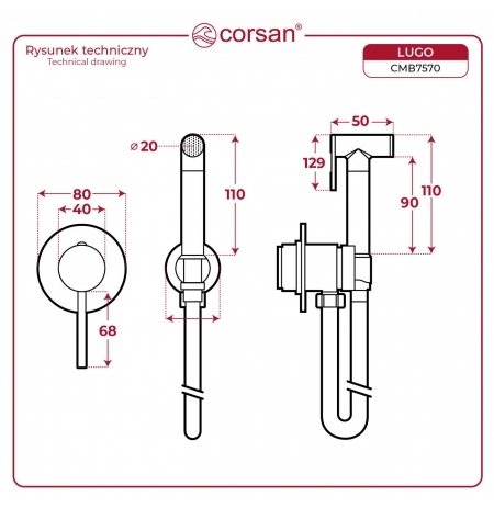Bateria bidetowa podtynkowa z wężem Corsan CMB7570CH Lugo Chrom